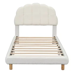 Redom Lit 90x200 cm pour enfant avec tête de lit rembourrée en plush blanc, cadre MDF, design floral et moderne Clearance