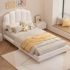 Redom Lit 90x200 cm pour enfant avec tête de lit rembourrée en plush blanc, cadre MDF, design floral et moderne Clearance