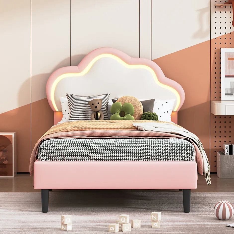 Generique Lit 90x200 cm pour fille avec LED, tête de lit nuage ajustable, sommier à lattes, PU rose
