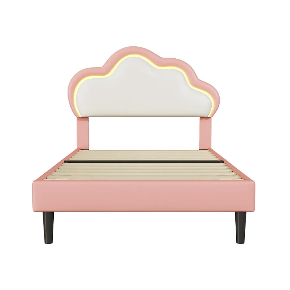 Generique Lit 90x200 cm pour fille avec LED, tête de lit nuage ajustable, sommier à lattes, PU rose