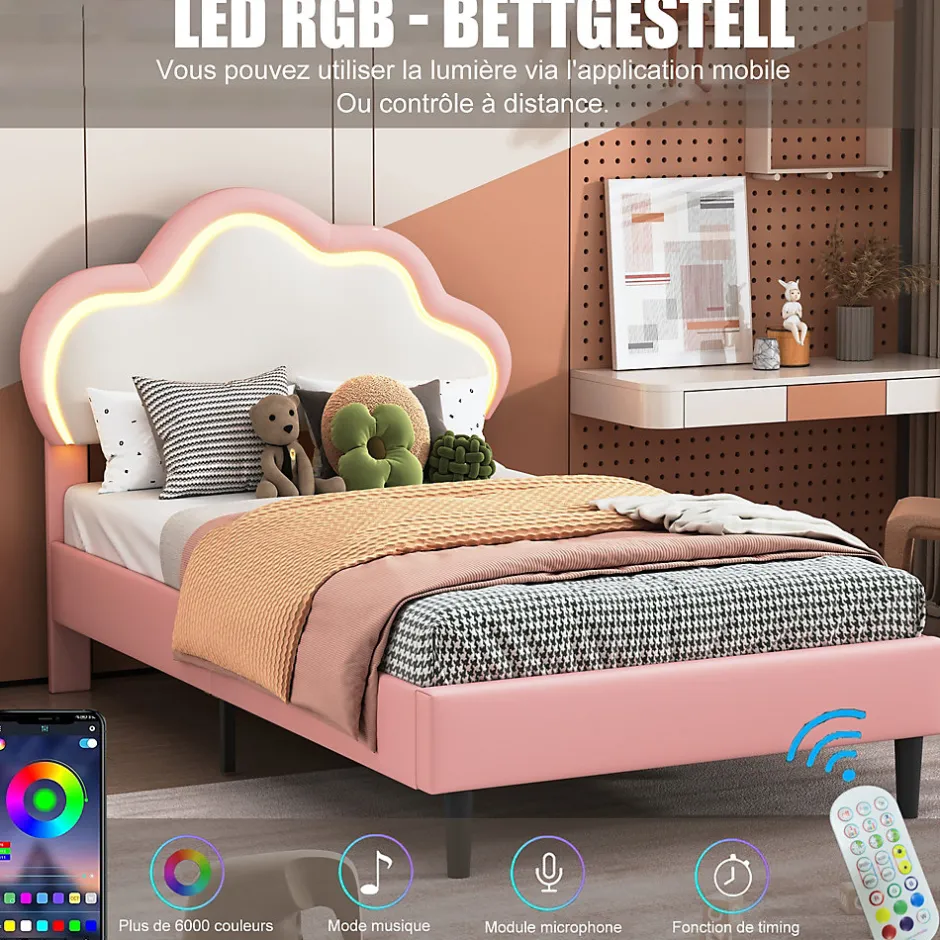Generique Lit 90x200 cm pour fille avec LED, tête de lit nuage ajustable, sommier à lattes, PU rose