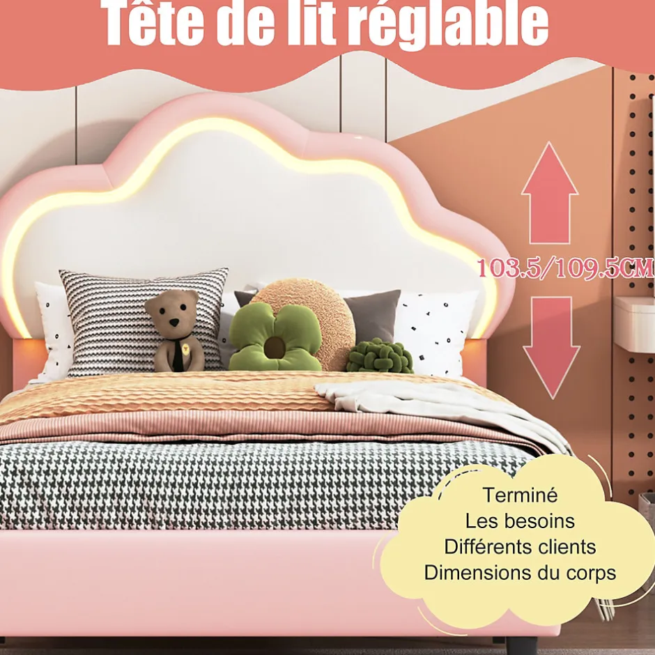 Generique Lit 90x200 cm pour fille avec LED, tête de lit nuage ajustable, sommier à lattes, PU rose