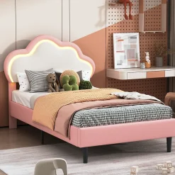 Generique Lit 90x200 cm pour fille avec LED, tête de lit nuage ajustable, sommier à lattes, PU rose
