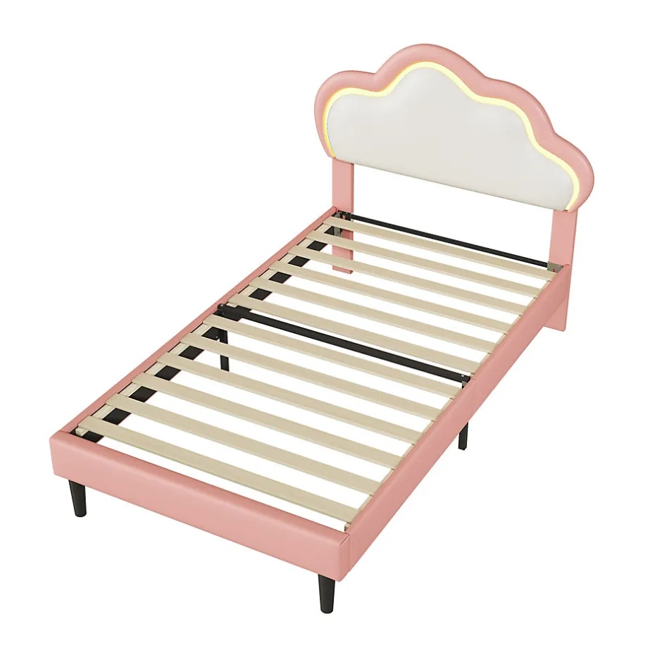 Generique Lit 90x200 cm pour fille avec LED, tête de lit nuage ajustable, sommier à lattes, PU rose