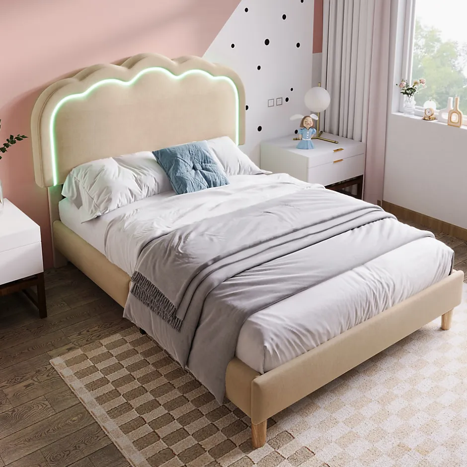 Redom Lit 90x190 cm rembourré en lin beige avec tête de lit pouf LED réglable, cadre robuste et style contemporain