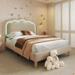 Redom Lit 90x190 cm rembourré en lin beige avec tête de lit pouf LED réglable, cadre robuste et style contemporain