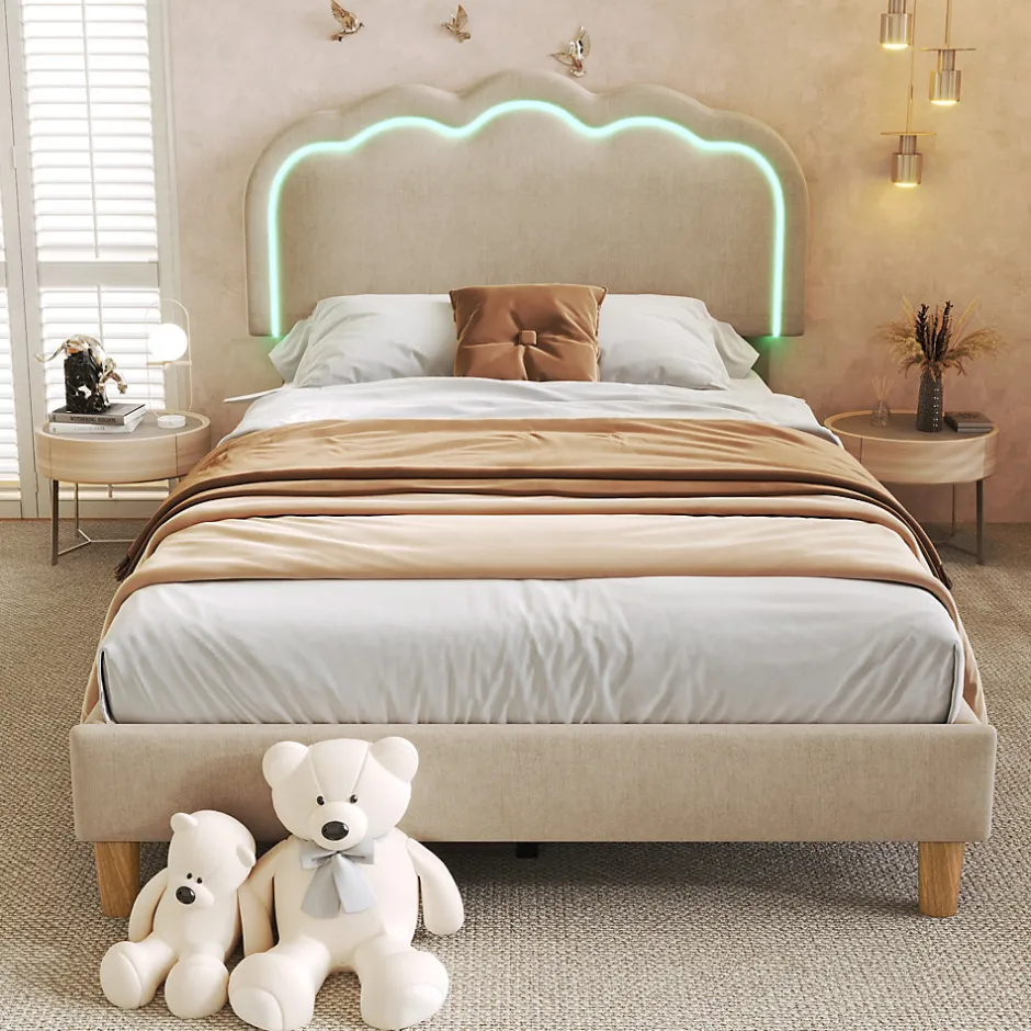 Redom Lit 90x190 cm rembourré en lin beige avec tête de lit pouf LED réglable, cadre robuste et style contemporain
