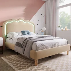 Redom Lit 90x190 cm rembourré en lin beige avec tête de lit pouf LED réglable, cadre robuste et style contemporain