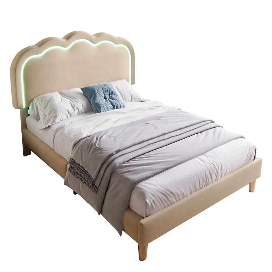 Redom Lit 90x190 cm rembourré en lin beige avec tête de lit pouf LED réglable, cadre robuste et style contemporain