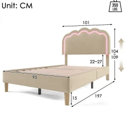 Redom Lit 90x190 cm rembourré en lin beige avec tête de lit pouf LED réglable, cadre robuste et style contemporain
