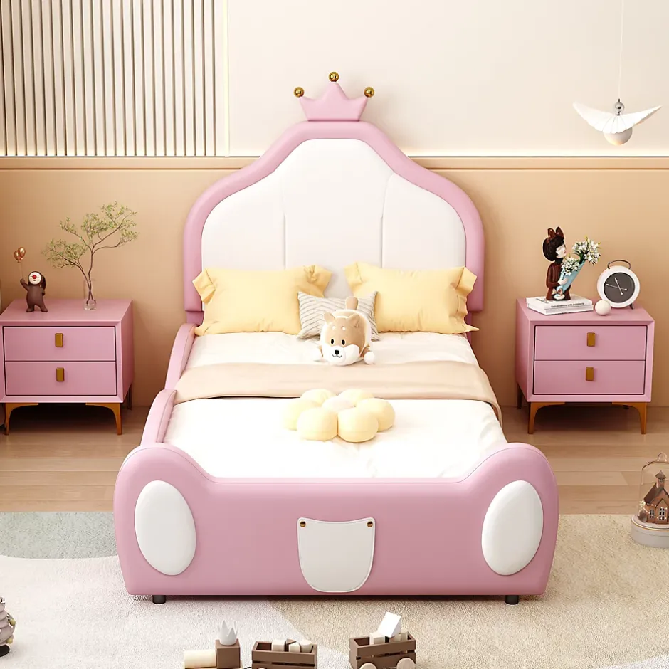 Redom Lit 90x200 cm rembourré en simili cuir bicolore blanc et rose avec tête en forme de couronne, design enfant Outlet