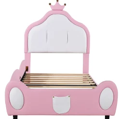 Redom Lit 90x200 cm rembourré en simili cuir bicolore blanc et rose avec tête en forme de couronne, design enfant Outlet