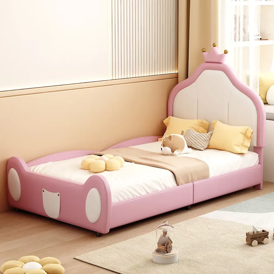 Redom Lit 90x200 cm rembourré en simili cuir bicolore blanc et rose avec tête en forme de couronne, design enfant Outlet