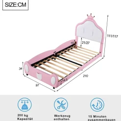 Redom Lit 90x200 cm rembourré en simili cuir bicolore blanc et rose avec tête en forme de couronne, design enfant Outlet
