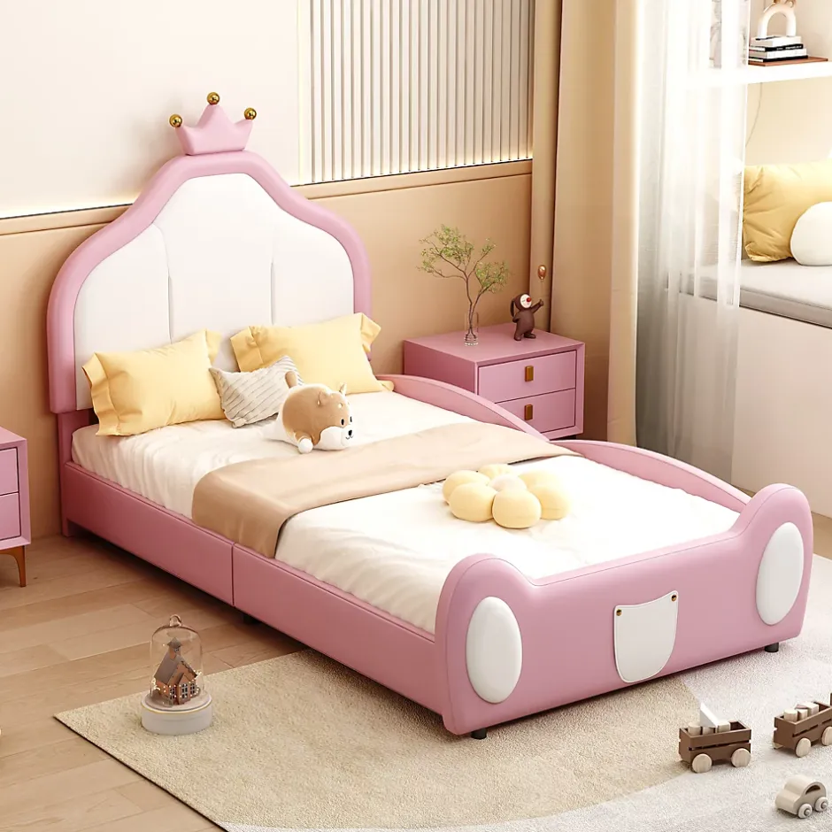 Redom Lit 90x200 cm rembourré en simili cuir bicolore blanc et rose avec tête en forme de couronne, design enfant Outlet