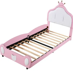 Redom Lit 90x200 cm rembourré en simili cuir bicolore blanc et rose avec tête en forme de couronne, design enfant Outlet