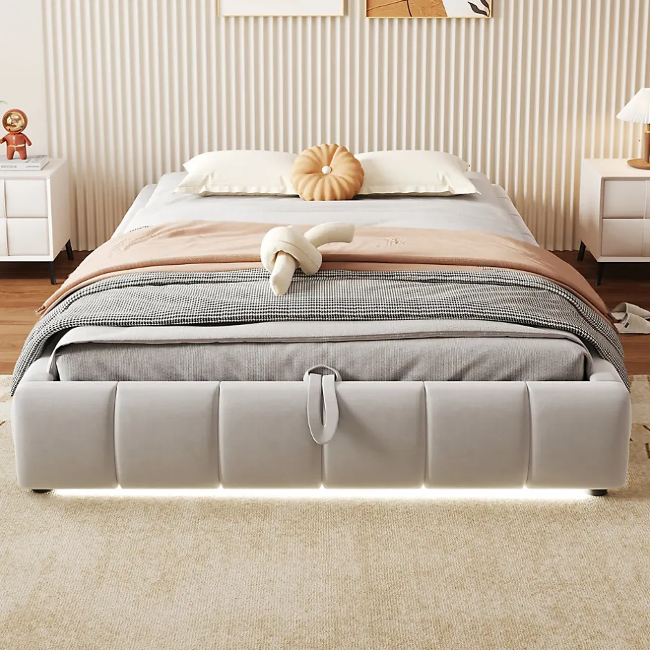 Redom Lit 140x200 cm sans tête, coffre hydraulique avec LED blanche intégrée, tapissé flanelle beige, cadre métal 150 kg