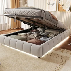 Redom Lit 140x200 cm sans tête, coffre hydraulique avec LED blanche intégrée, tapissé flanelle beige, cadre métal 150 kg