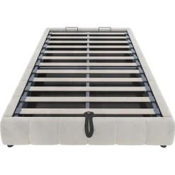 Redom Lit 140x200 cm sans tête, coffre hydraulique avec LED blanche intégrée, tapissé flanelle beige, cadre métal 150 kg