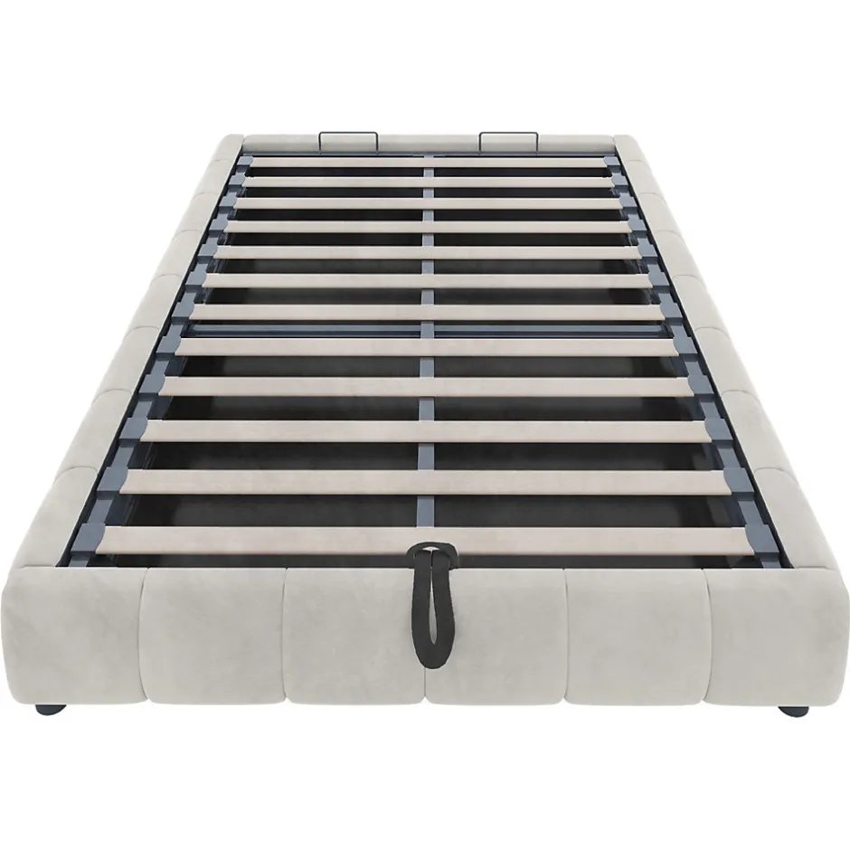 Redom Lit 140x200 cm sans tête, coffre hydraulique avec LED blanche intégrée, tapissé flanelle beige, cadre métal 150 kg