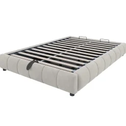 Redom Lit 140x200 cm sans tête, coffre hydraulique avec LED blanche intégrée, tapissé flanelle beige, cadre métal 150 kg