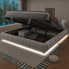 Redom Lit 180x200 cm sans tête de lit avec rangement hydraulique et bande LED blanche, revêtement flanellette beige Clearance
