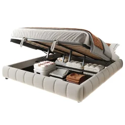 Redom Lit 180x200 cm sans tête de lit avec rangement hydraulique et bande LED blanche, revêtement flanellette beige Clearance
