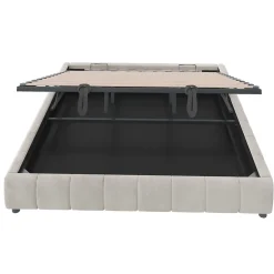 Redom Lit 180x200 cm sans tête de lit avec rangement hydraulique et bande LED blanche, revêtement flanellette beige Clearance