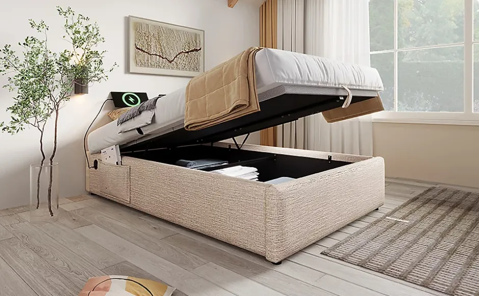 Redom Lit 90x200 cm sommier relevable avec coffre de rangement tapissé lin naturel USB et Type C intégrés Best