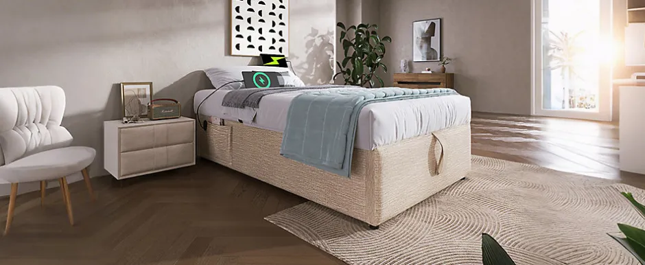 Redom Lit 90x200 cm sommier relevable avec coffre de rangement tapissé lin naturel USB et Type C intégrés Best