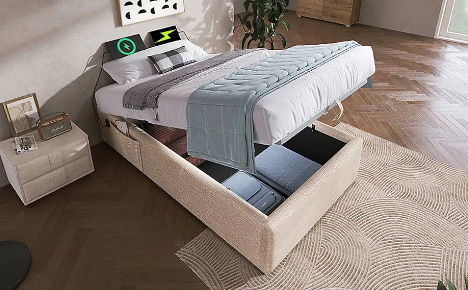 Redom Lit 90x200 cm sommier relevable avec coffre de rangement tapissé lin naturel USB et Type C intégrés Best