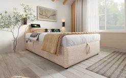Redom Lit 90x200 cm sommier relevable avec coffre de rangement tapissé lin naturel USB et Type C intégrés Best