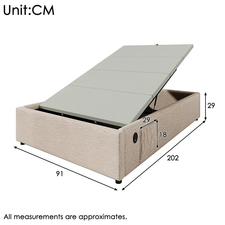 Redom Lit 90x200 cm sommier relevable avec coffre de rangement tapissé lin naturel USB et Type C intégrés Best