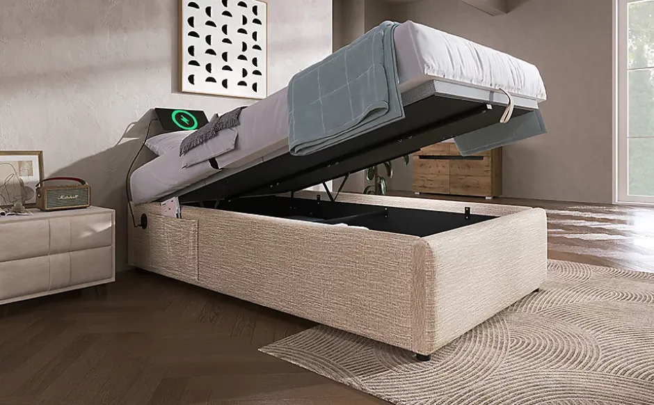 Redom Lit 90x200 cm sommier relevable avec coffre de rangement tapissé lin naturel USB et Type C intégrés Best