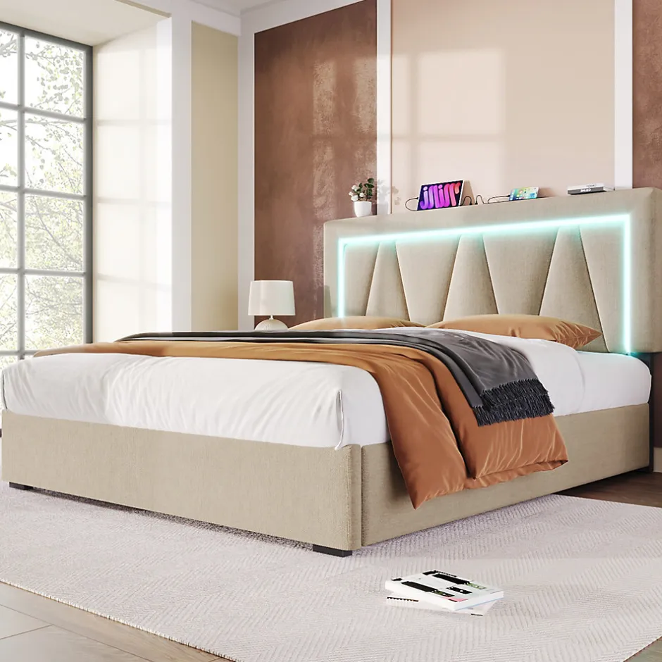 Redom Lit 160x200 cm sommier relevable avec coffre de rangement et tête de lit réglable, tapissé lin beige