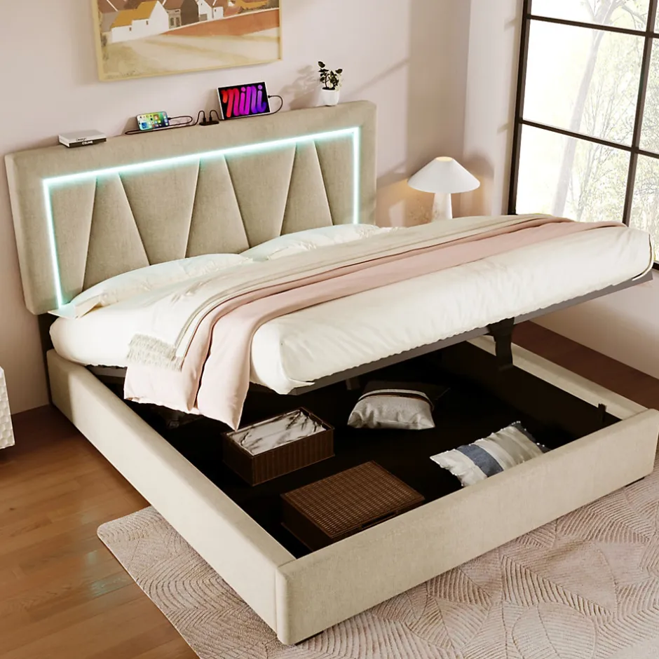Redom Lit 160x200 cm sommier relevable avec coffre de rangement et tête de lit réglable, tapissé lin beige