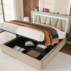 Redom Lit 160x200 cm sommier relevable avec coffre de rangement et tête de lit réglable, tapissé lin beige