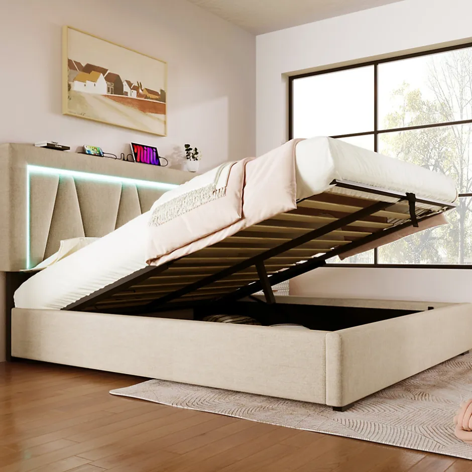 Redom Lit 160x200 cm sommier relevable avec coffre de rangement et tête de lit réglable, tapissé lin beige