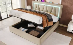 Redom Lit 160x200 cm sommier relevable avec coffre de rangement et tête de lit réglable, tapissé lin beige