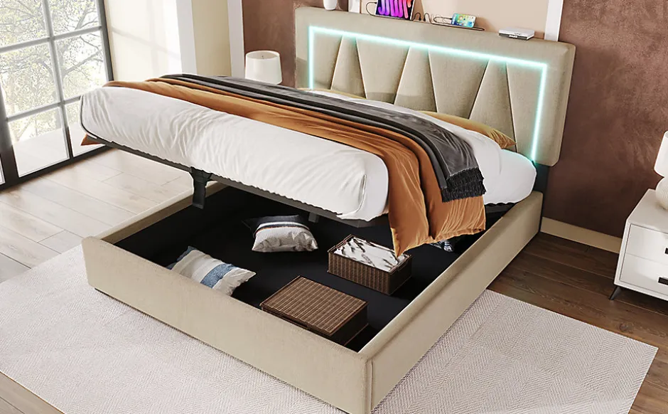Redom Lit 160x200 cm sommier relevable avec coffre de rangement et tête de lit réglable, tapissé lin beige