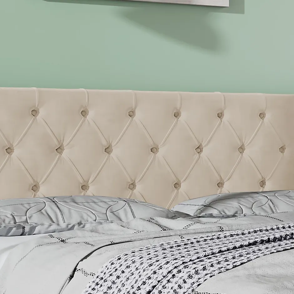 Redom Lit 160x200 cm style Chesterfield avec tête haute 94,5 cm, revêtement velours beige et rangement hydraulique Discount