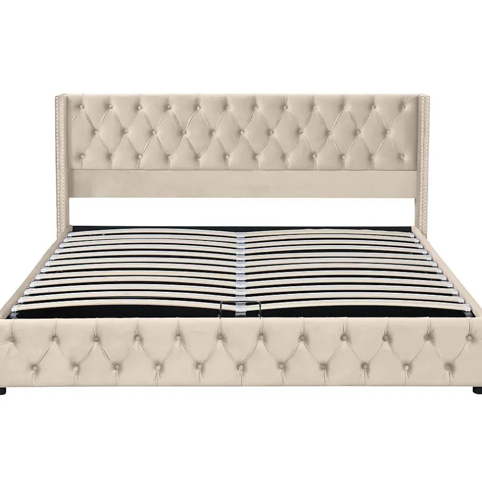 Redom Lit 160x200 cm style Chesterfield avec tête haute 94,5 cm, revêtement velours beige et rangement hydraulique Discount