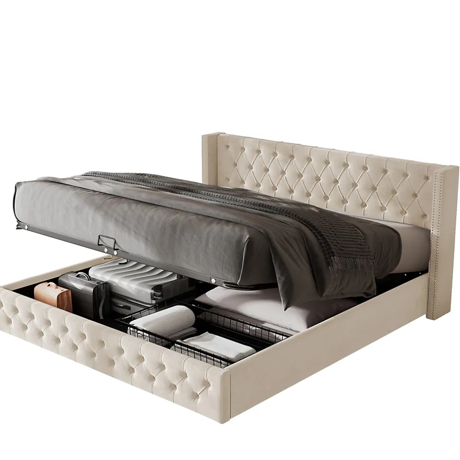Redom Lit 160x200 cm style Chesterfield avec tête haute 94,5 cm, revêtement velours beige et rangement hydraulique Discount