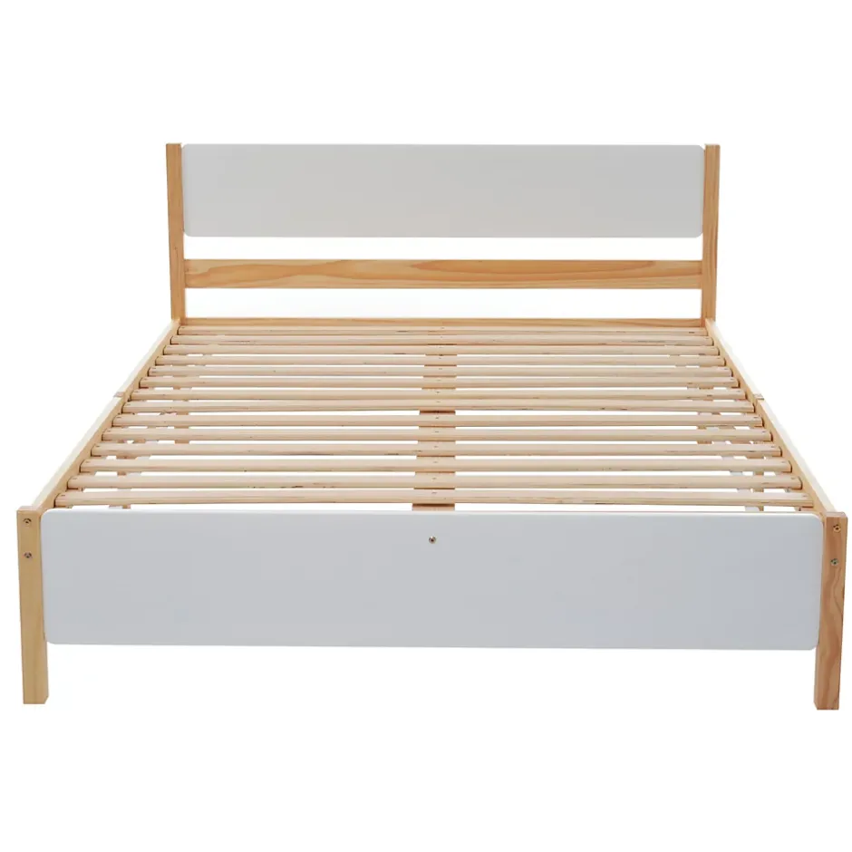 Redom Lit 140x200 cm, style intemporel blanc et bois, tête et pied en MDF, cadre pin massif avec pieds centraux Best