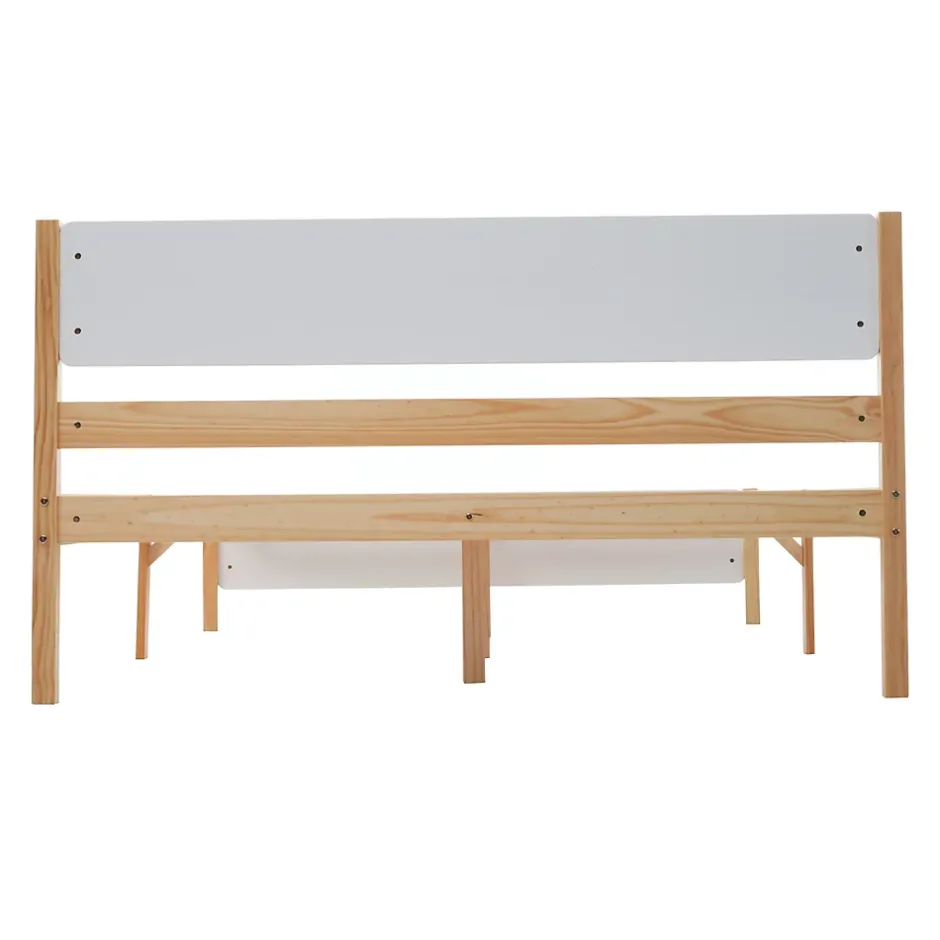 Redom Lit 140x200 cm, style intemporel blanc et bois, tête et pied en MDF, cadre pin massif avec pieds centraux Best
