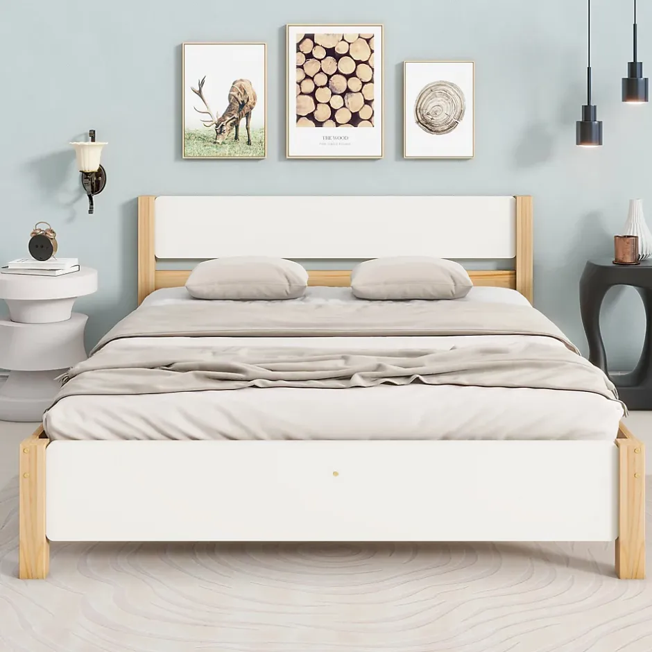 Redom Lit 140x200 cm, style intemporel blanc et bois, tête et pied en MDF, cadre pin massif avec pieds centraux Best