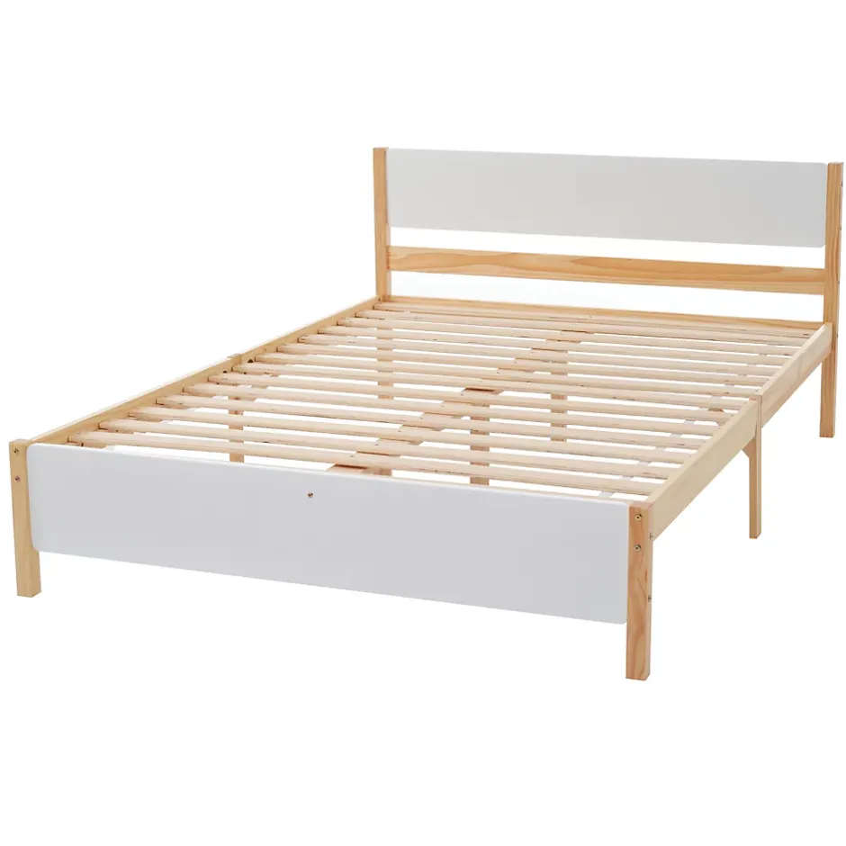 Redom Lit 140x200 cm, style intemporel blanc et bois, tête et pied en MDF, cadre pin massif avec pieds centraux Best