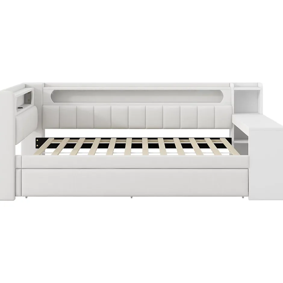 Redom Lit 90x200 cm tapissé avec éclairage LED et ports USB, tiroir gigogne et bureau intégré de couleur blanche Best
