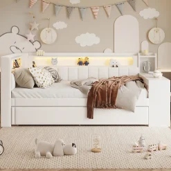 Redom Lit 90x200 cm tapissé avec éclairage LED et ports USB, tiroir gigogne et bureau intégré de couleur blanche Best