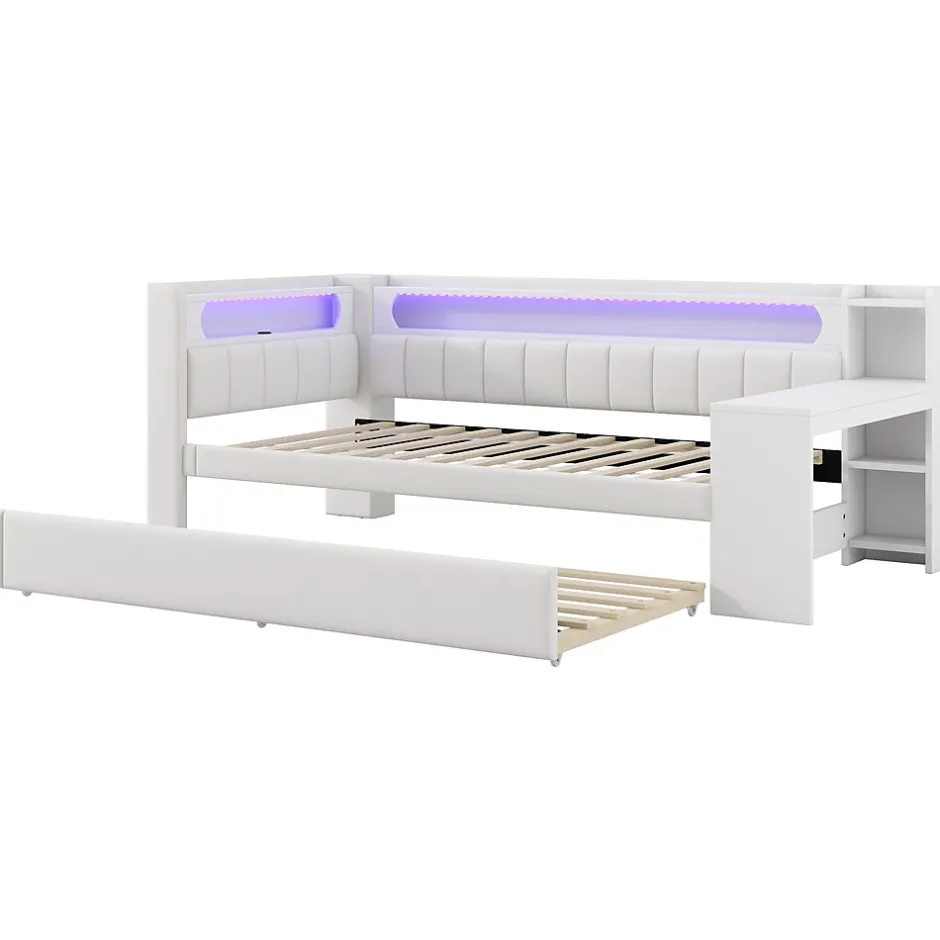 Redom Lit 90x200 cm tapissé avec éclairage LED et ports USB, tiroir gigogne et bureau intégré de couleur blanche Best